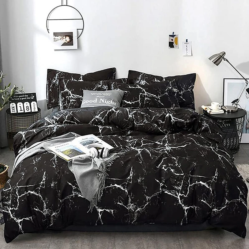 karever Black Marble Comforter Set Full/Queen White Texture Bedding Reversible Teen Boy Men Full Size Soft Lightweight Quilt Set, 3 PCs(1 Comforter, 2 Pillowcases)