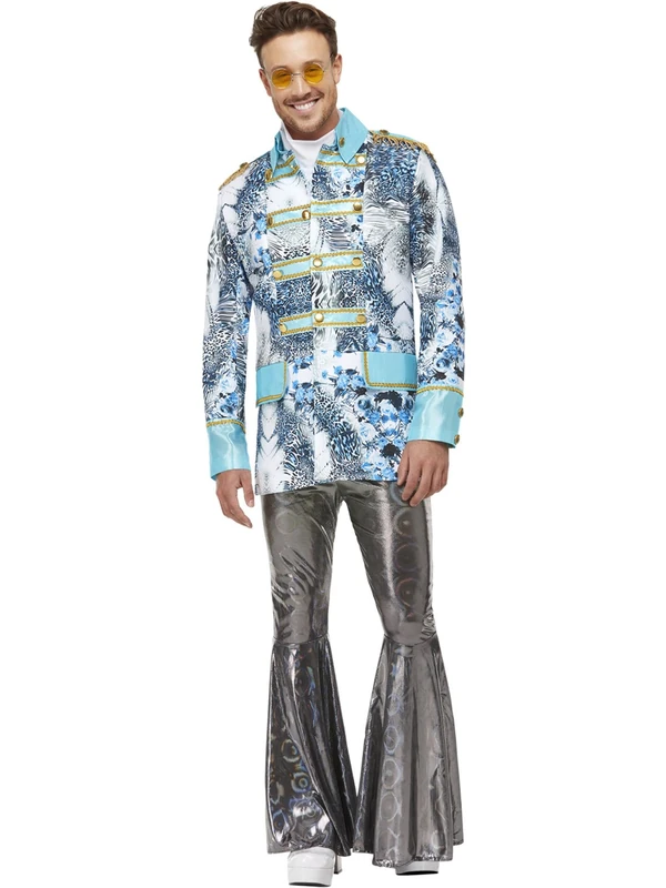 Smiffys Carnival Jacket, White & Blue with Floral Print Design & Gold Trim, Party & Carnival Fancy Dress, Adult Dress Up Costumes