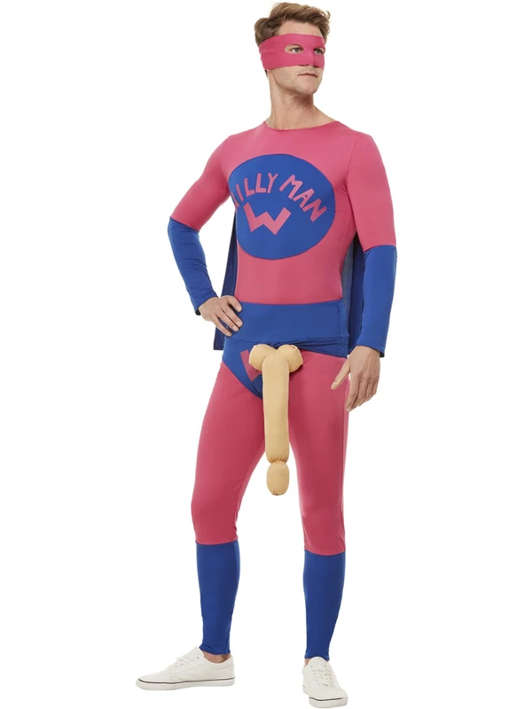 Smiffys Willyman Superhero Costume, Pink & Blue with Bodysuit, Eyemask & Overpants, Funny Fancy Dress, Adult Dress Up Costumes - Image 1