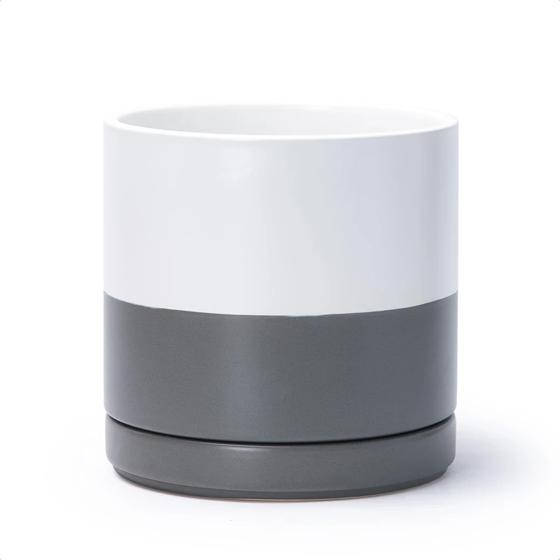 D'vine Dev Ceramic Planter Pot with Drainage Hole and Saucer, Indoor Cylinder Round Planter Pot, 8 Inch, White/Speckled Grey, 94-O-M-6