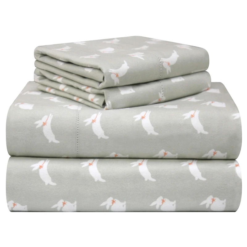 pointehaven 180 GSM Velvet Feel Luxury 100% Cotton Printed Flannel Sheet Set, Full, Bunnies - Warm & Cozy - Pre-Shrunk -Deep Pockets - Elastic All Around-Comfy Double Brushed -