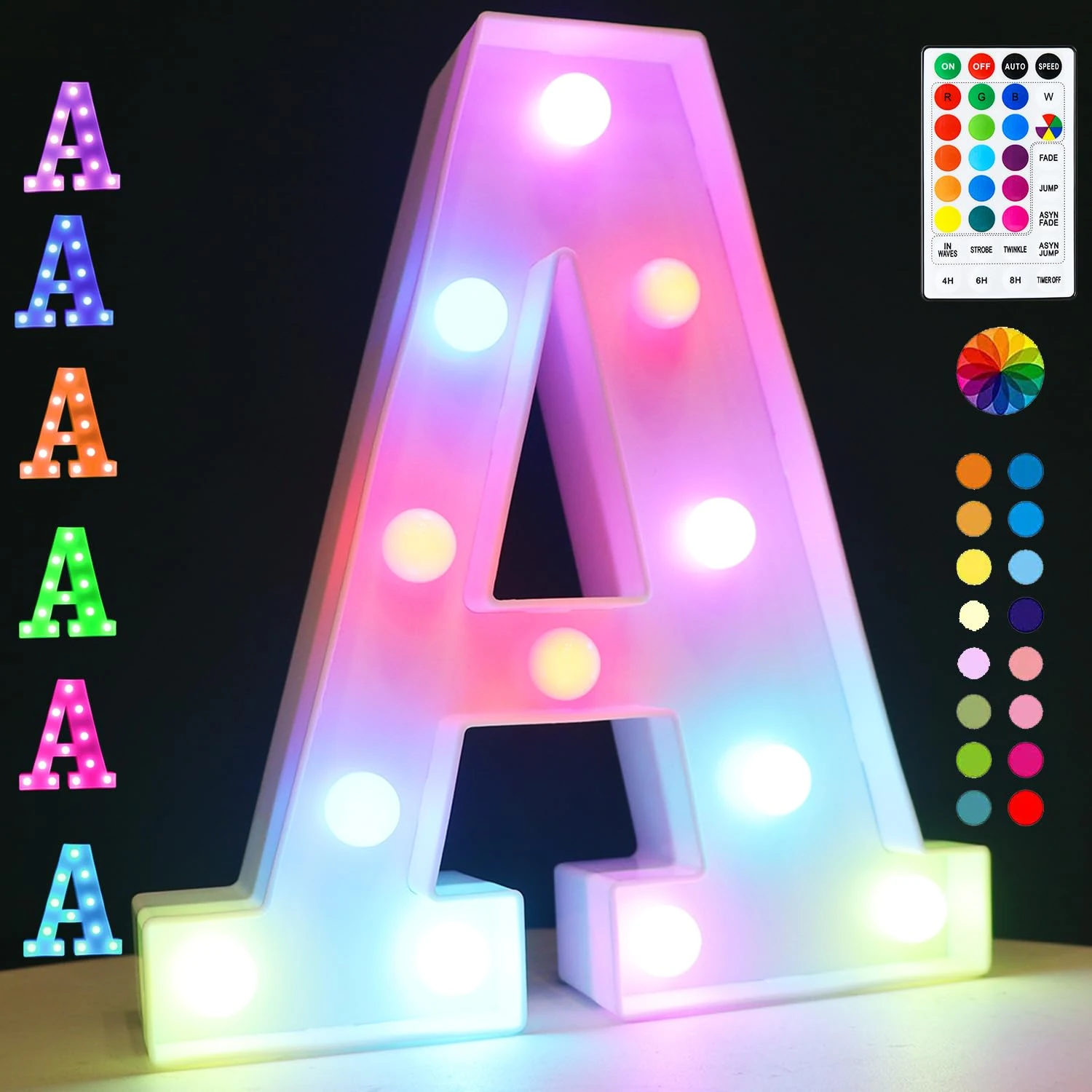 Light Up Colorful LED Marquee Letter Lights, 18 Colors Changing Alphabet Letters Sign with Remote Timer for Night Light Wedding Birthday Party Lamp Christmas Home Bar Decor- Colorful A