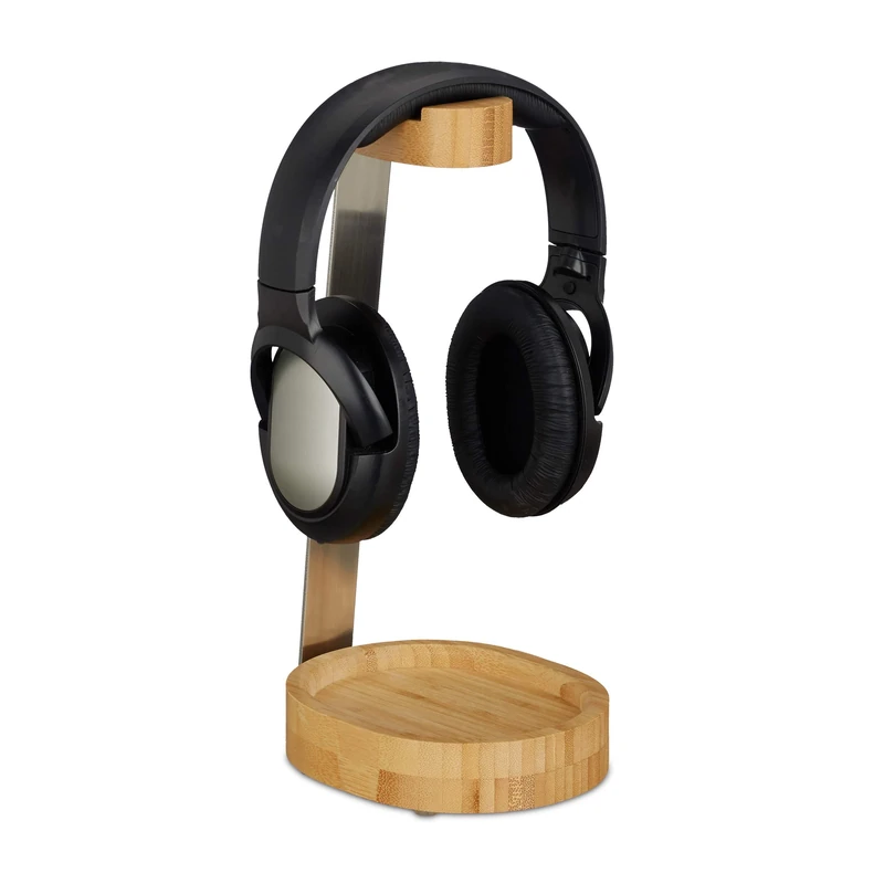 Relaxdays Headphones Stand, Bamboo Metal, Holder, On and Off Ear Headset, Tray, Elegant Design, Natural, 29.6 x 12 x 15 cm