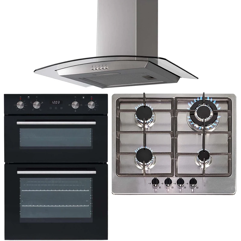 SIA 60cm Built-in Double Oven, Stainless Steel 4 Burner Gas Hob & Cooker Hood