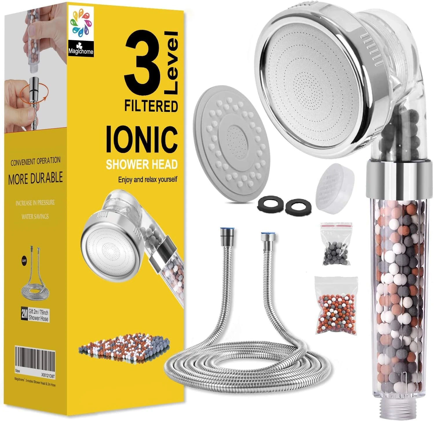 Magichome Shower Head and Hose 2m, 3-Layer Filtration Ionic Shower Head, Universal Filter Shower Heads for Hard Water Low Water Pressure with Extra Replaceable Accessories