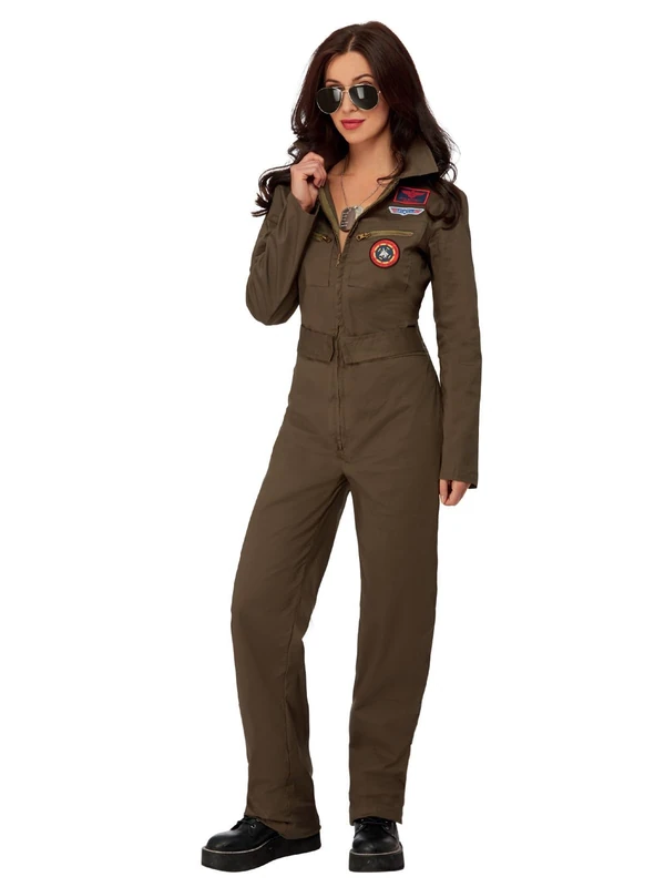 Smiffys 50935L Officially Licensed Top Gun Ladies Costume, Women, Khaki, L - UK Size 16-18