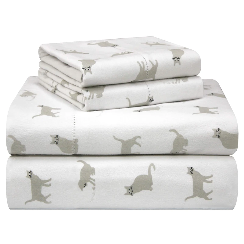 pointehaven 180 GSM Velvet Feel Luxury 100% Cotton Printed Flannel Sheet Set, Full, Cats - Warm & Cozy - Pre-Shrunk -Deep Pockets - Elastic All Around-Comfy Double Brushed -