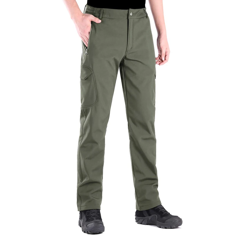 FREE SOLDIER Walking Trousers for Men Winter Waterproof Trousers Outdoor Hiking Trousers Softshell Thermal Fleece Lined Overtrousers (Green,33 Tall)