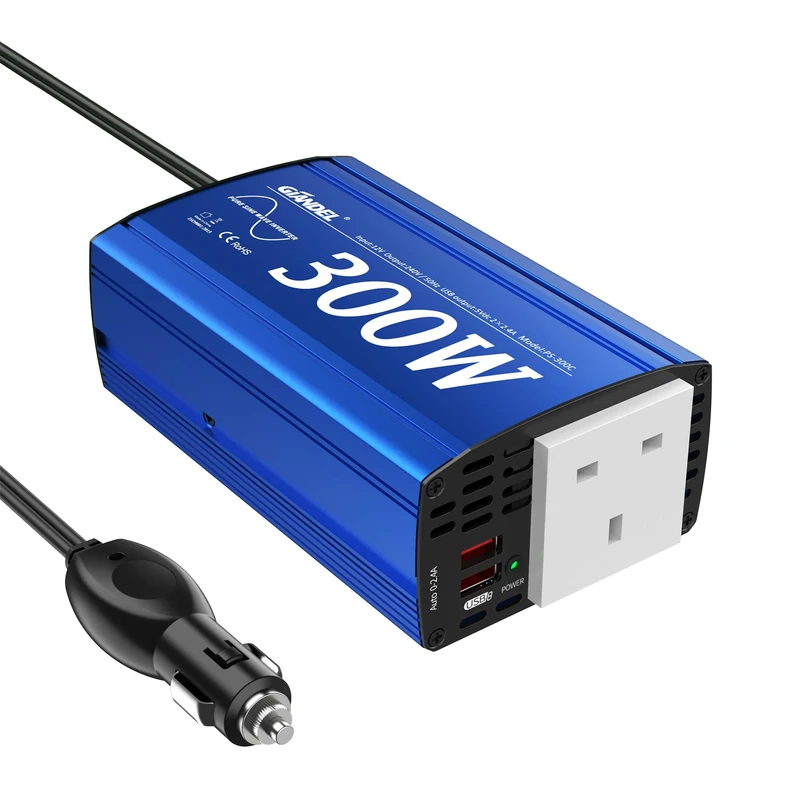GIANDEL Pure Sine Wave Power Inverter 300Watt Car Adapter Converts 12V DC to 240V 230V AC with 4.8A Dual USB and AC Outlet for Tablets Laptops Smartphones Blue