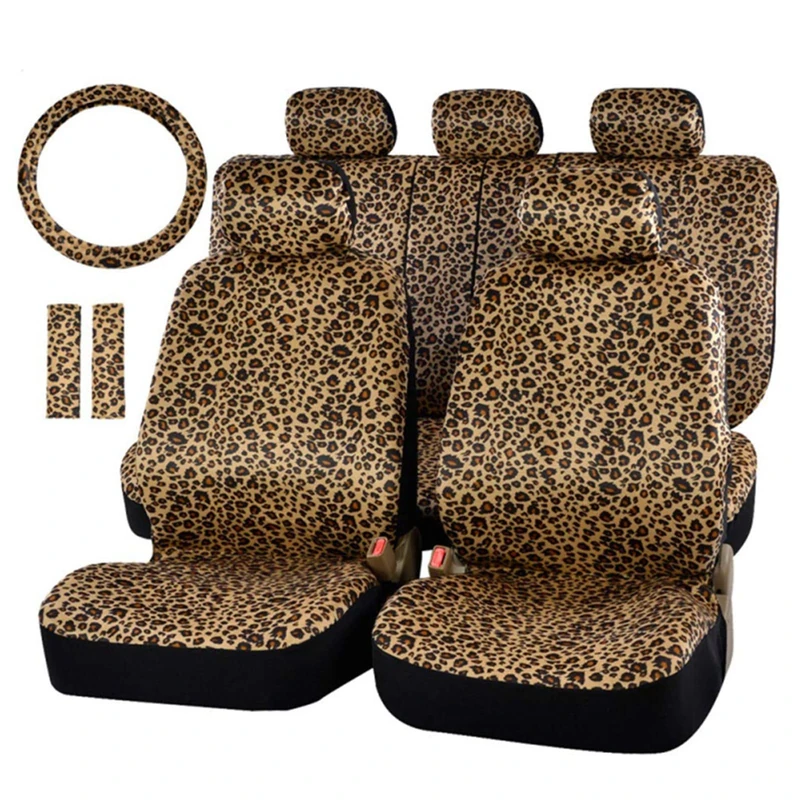 Audel Zebra Car Seat Cover Set with 2 Seat Belt Pads & Universal 15 Inch Steering Wheel Cover Fit for Car, Truck, SUV, or Van (Leopard)