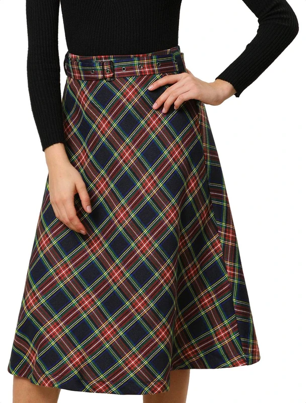 Allegra K Women's Tartan Plaid High Waist Belted Vintage A-Line Midi Skirt Dark Blue 20