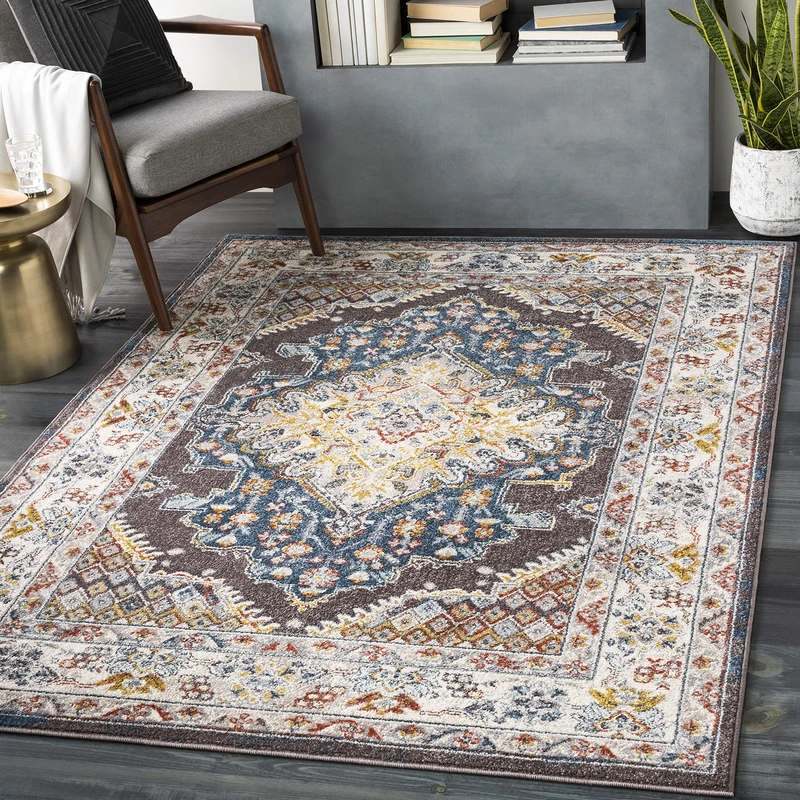 Livabliss Casablanca Vintage Rug - Living Room 200x275 cm, Dining Floor, Kitchen, Traditional Multicoloured Boho, Easy Care Pile, Bohemian Large, Brown, Blue, Mustard, Rust
