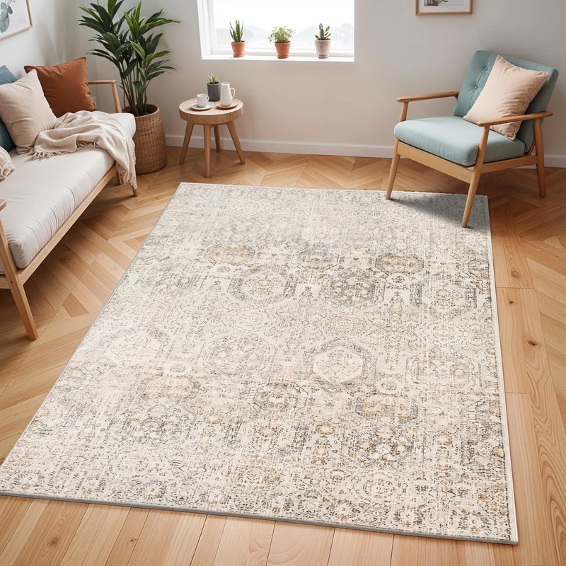 Livabliss Oran Vintage - Area s for Living Room 200x275 cm, Bedroom - Scandi Neutral, Traditional Patterned Boho Style, Natural Easy Care Pile - Large, Grey, Beige, Mustard
