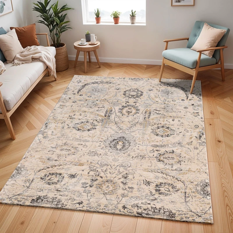 Livabliss Naftah Vintage - Area s Living Room 127x170 cm, Hallway, Bedroom -Chic Neutral Scandi, Traditional Boho Style, Natural Easy Care Pile - Large, Beige, Charcoal, Mustard