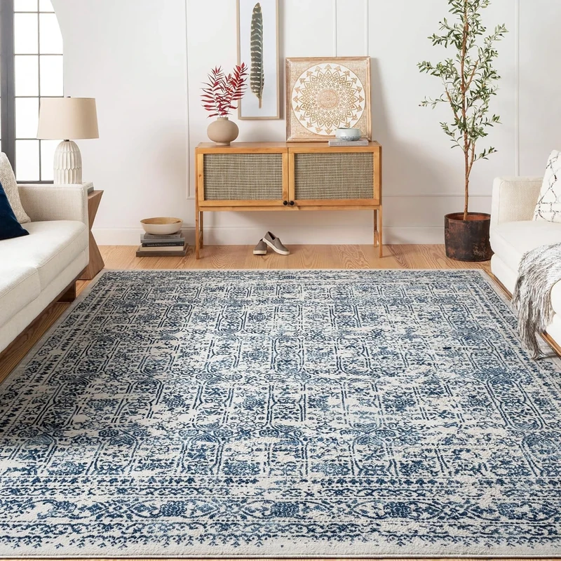 Livabliss Marrakech Vintage Rug - Area Rugs for Living Room 160x216 cm, Bedroom - Scandi Neutral Rugs, Traditional Patterned Boho Style, Natural Easy Care Pile - Large Rug, Natural White and Blue