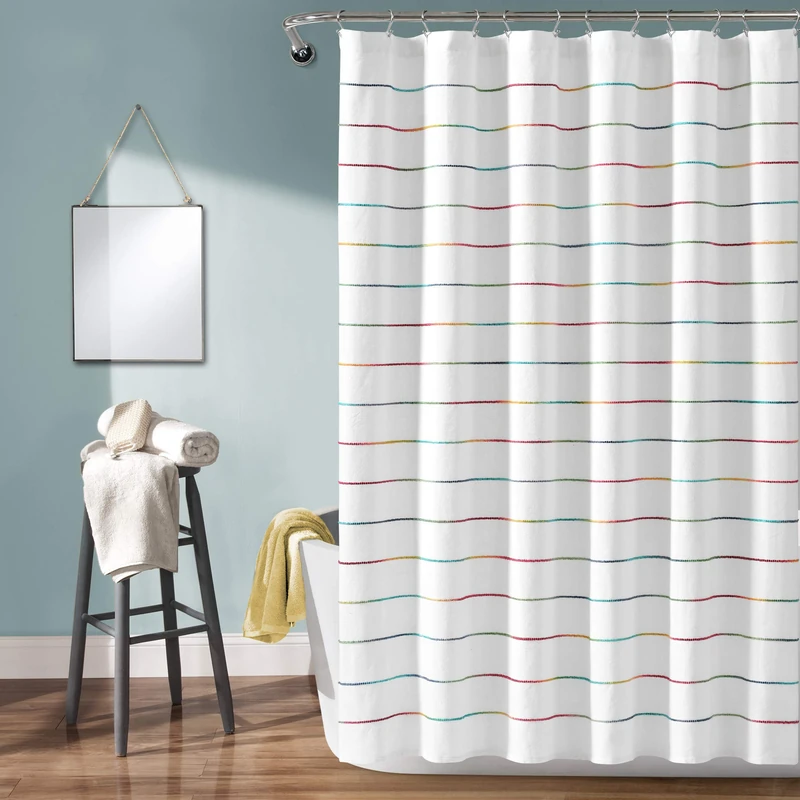 Lush Decor Ombre Stripe Yarn Dyed Cotton Shower Curtain, 72" W x 72" L, Rainbow - Colorful Tufted Stripes - Ombre Shower Curtain - Boho, Coastal & Farmhouse Bathroom Decor