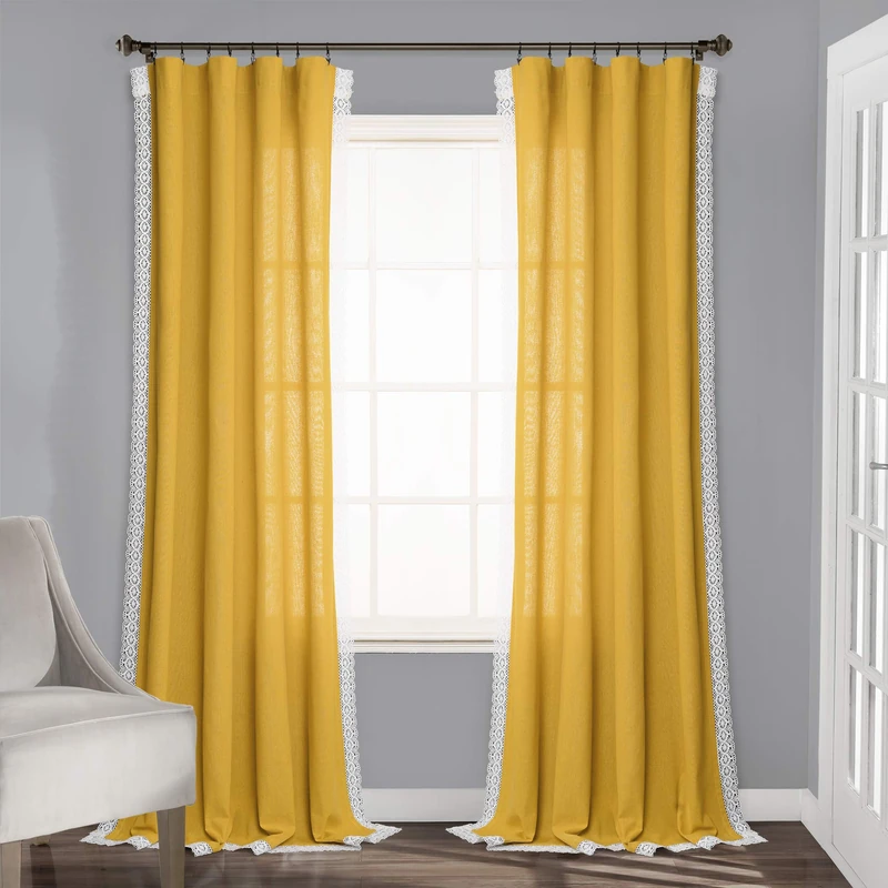Lush Decor Rosalie Farmhouse Window Curtains Rustic Style Panel Set for Living, Dining Room Bedroom (Pair), 54" W x 84" L, Yellow