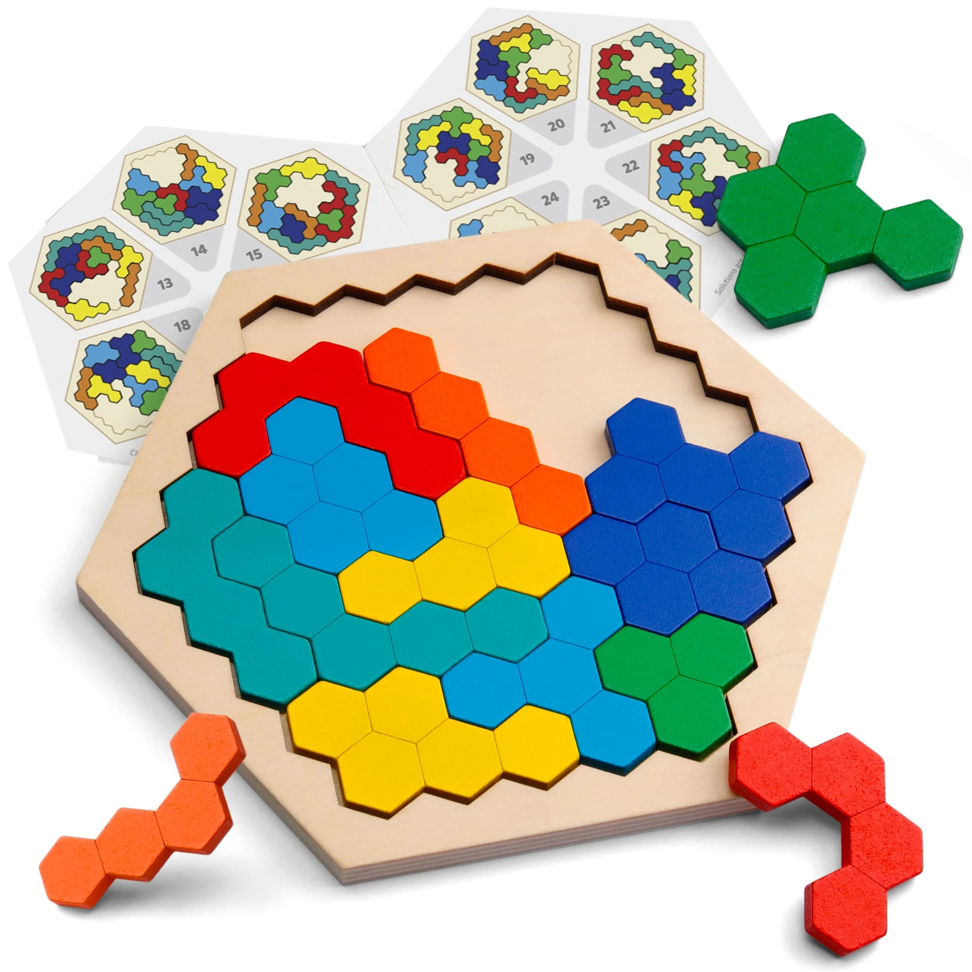 Coogam Wooden Hexagon Puzzle - Shape Block Tangram Brain Teaser Toy Geometry Logic IQ Game STEM Educational Gift for All Ages Challenge