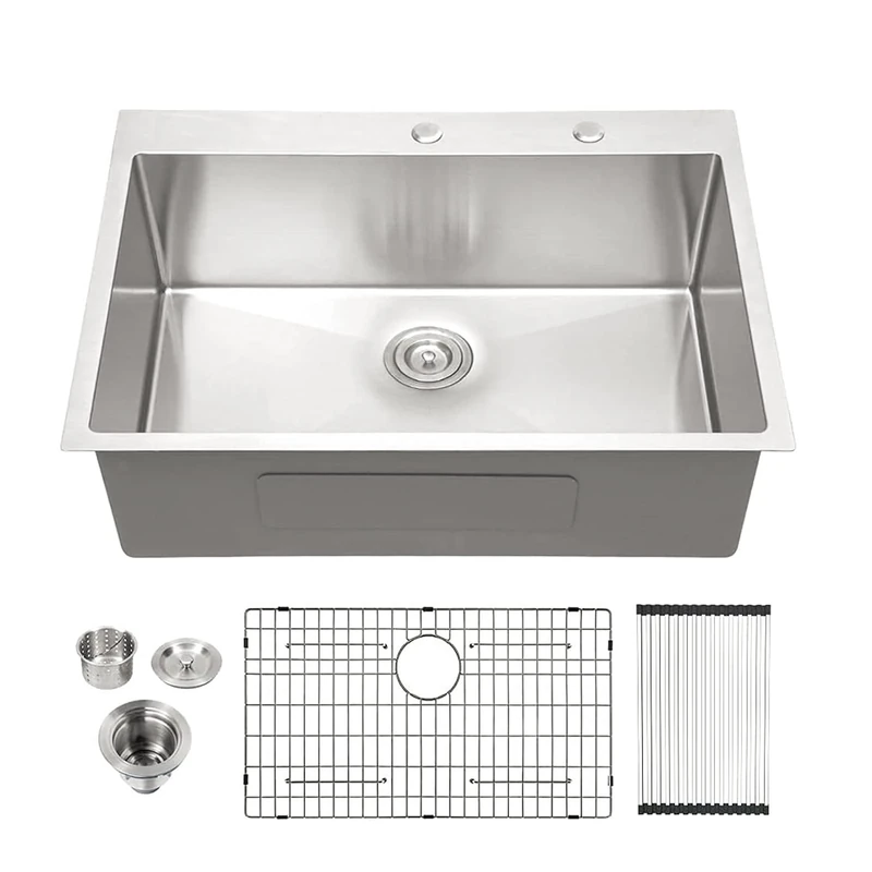 Lordear 30 inch Drop in Kitchen Sink Stainless Steel 16 Gauge Single Bowl Topmount Rectangular Round Corner Kitchen Sinks Overcounter Basin