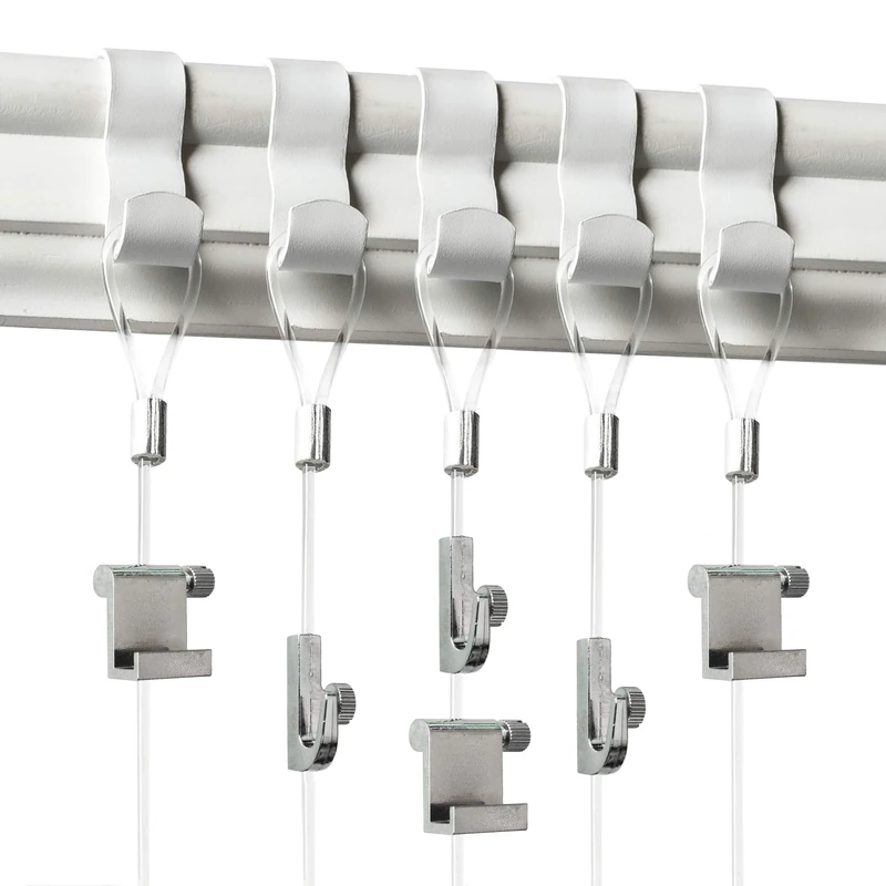 Picture Rail Hanging System - 5 Pack - White Picture Rail Hooks and Invisible Wire - Molding Hooks for Picture Hanging - Gallery Hanging System Includes Picture Rail Hook, Nylon Cord, Adjustable Hooks