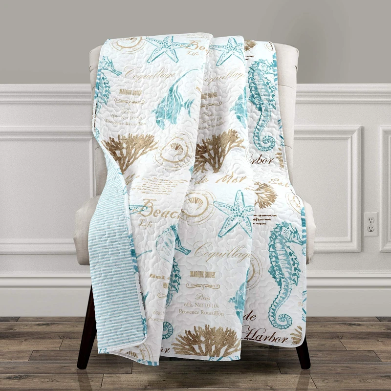 Lush Decor Harbor Life Throw Blanket, 60" x 50", Blue and Taupe - Image 1