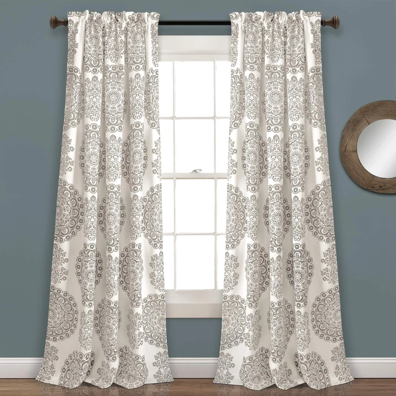 Lush Decor, Gray Evelyn Medallion Room Darkening Window Curtain Panel Pair, 95" x 52" + 2" Header, 95 in x 52