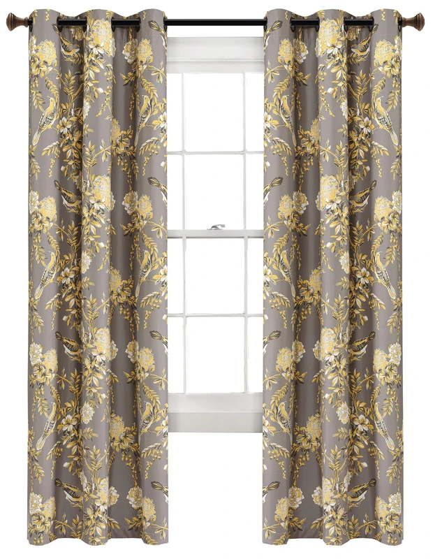 Lush Decor Farmhouse Bird and Flower Insulated Grommet Blackout Window Curtain Panel Pair, 84" x 38", Gray and Yellow