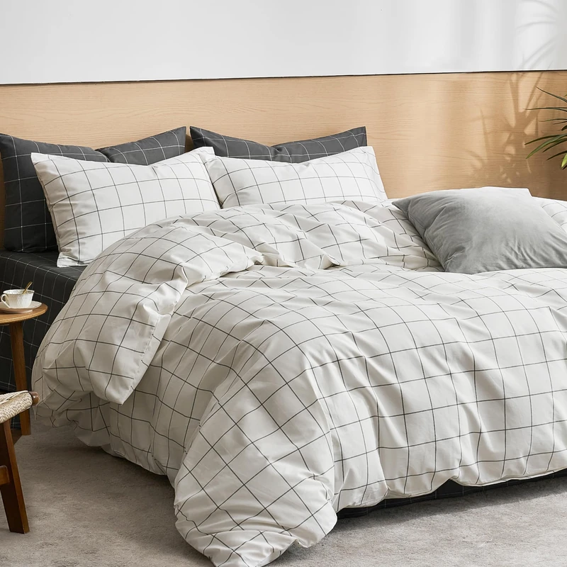 JELLYMONI 100% Natural Cotton Check Duvet Cover Set White with Black Grid Geometric Pattern Printed Duvet Cover with Zip and Corner Ties King Size