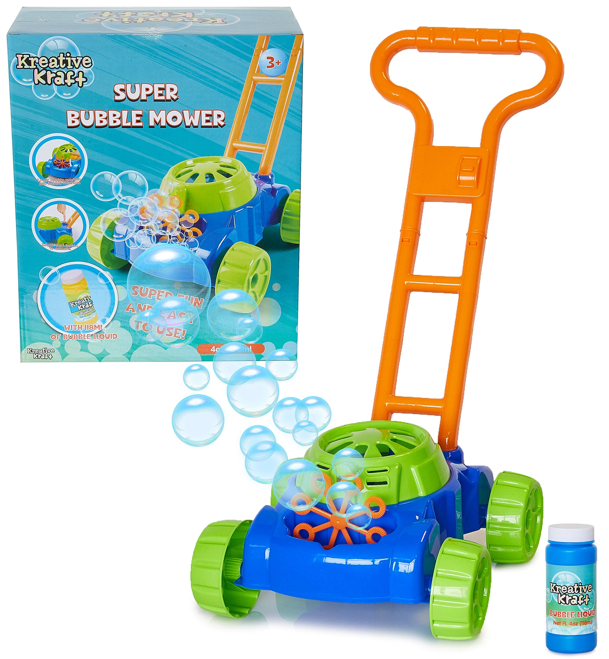 KreativeKraft Bubble Machine Lawn Mower Toy, Push Along Soapy Solution Included, Gift Idea For Kids From Age 5, Garden Games for Kids
