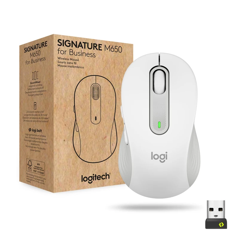 Logitech Signature M650 for Business wireless mouse, for small to medium sized hands, Logi Bolt, bluetooth, smartWheel - White