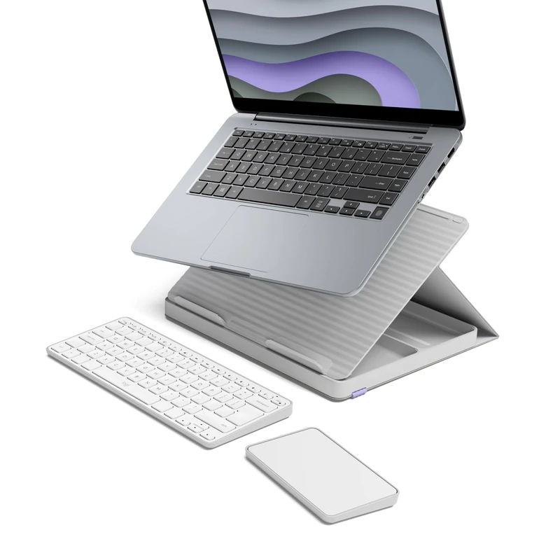 Logitech Casa Pop-Up Desk Laptop Stand, USB C Charger Cable, Bluetooth, Wireless Keyboard with Touchpad for Tablet, Laptop, Chromebook, MacBook 10 Inch to 17 Inch, QWERTY UK English Layout - White
