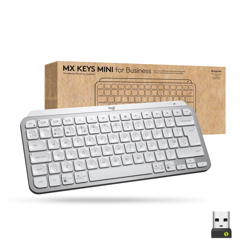 Logitech MX Keys Mini Wireless Illuminated Keyboard for Business, Compact, Logi Bolt Technology, Backlit, Rechargeable, Globally Certified, Windows/Mac/Chrome/Linux, QWERTY UK English - Light Grey