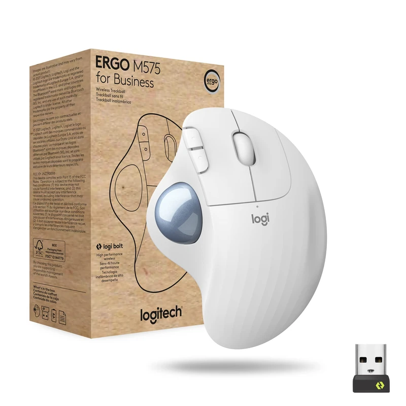 Logitech ERGO M575 Wireless Trackball for Business - Easy Thumb Control, Ergonomic Design, Secured Logi Bolt, Bluetooth, Globally Certified, Windows/Mac/Chrome/Linux - Graphite - White