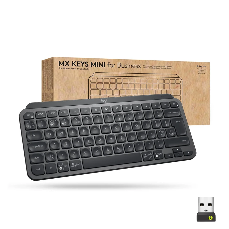 Logitech MX Keys Mini Wireless Illuminated Keyboard for Business, Compact, Logi Bolt Technology, Backlit, Rechargeable, Globally Certified, Windows/Mac/Chrome/Linux, QWERTY UK English - Grey