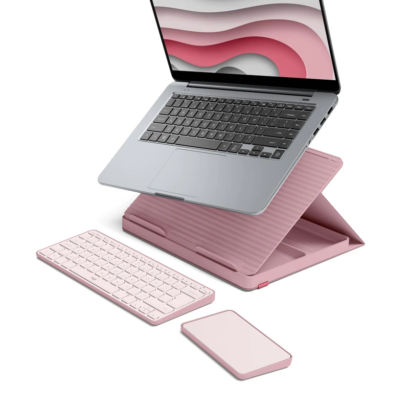 Logitech Casa Pop-Up Desk Laptop Stand, USB C Charger Cable, Bluetooth, Wireless Keyboard with Touchpad for Tablet, Laptop, Chromebook, MacBook 10 Inch to 17 Inch, QWERTY UK English Layout - Pink