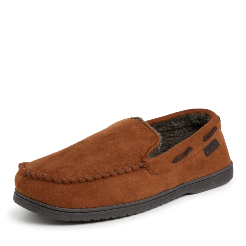 Dearfoams Men's Moccasin with Whipstitch Slipper, Chestnut Microsuede, 6/7 UK
