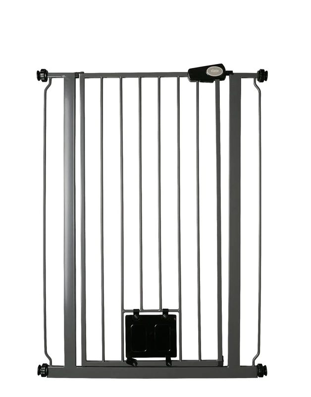 Bettacare Pet Gate with Lockable Cat Flap, 75cm - 84cm, Slate Grey, 104cm in Height, Extra Tall Dog Safety Barrier with Cat Flap, Easy Installation