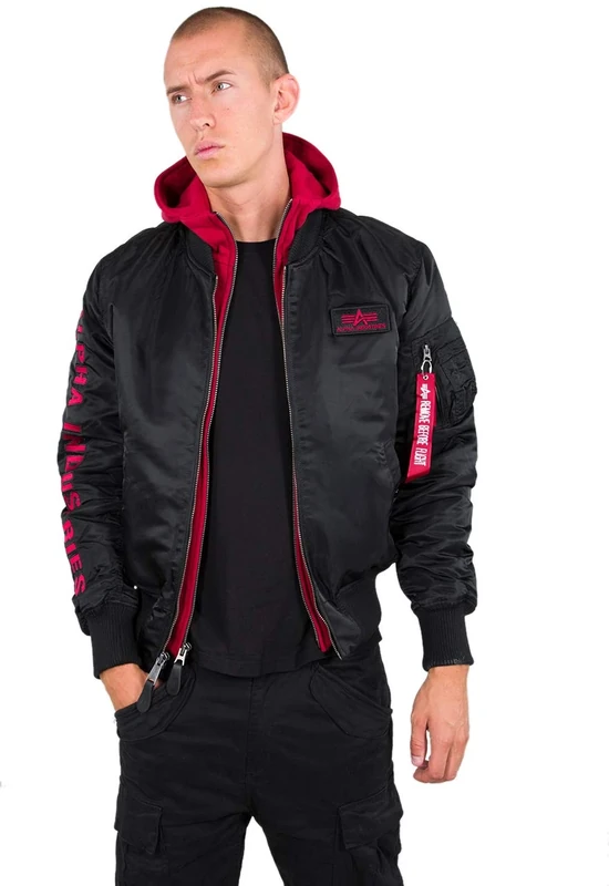 Alpha Industries Men's MA-1 D-Tec SE Bomber Jacket, Black/Red, 2 X-Large