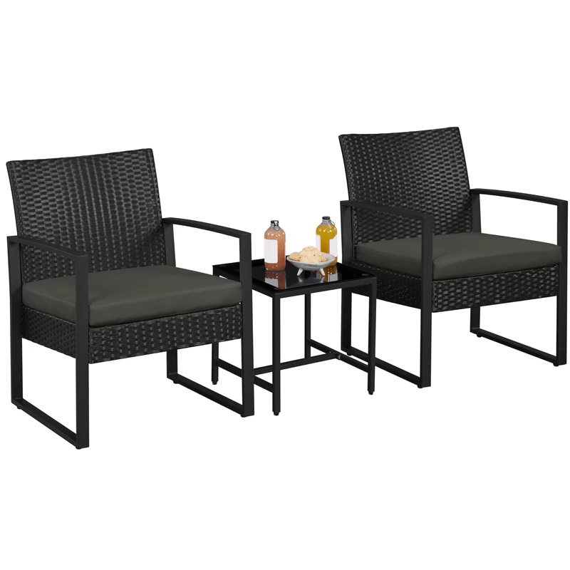Yaheetech 3-Piece Rattan Garden Furniture Set, 2 Seater Chairs & 1 Table for Balcony with Cushions for House/Porch/Garden/Backyard/Outdoor Use, Black/Gray