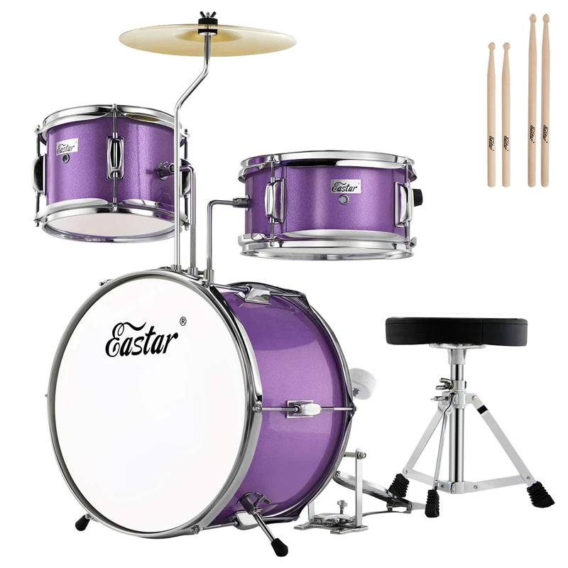 Eastar Junior Drum Kit 3 Piece, Drum Set with Snare,Tom,Bass Drum,Bass Drum Pedal,Throne,Cymbal and Drumsticks-14 Inch(Metallic Purple)