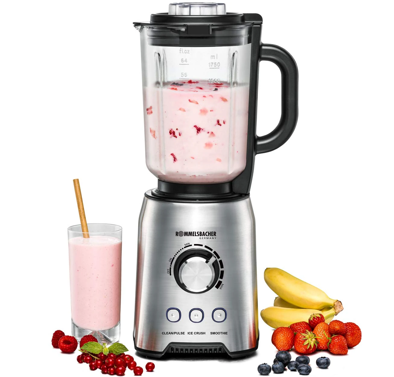 ROMMELSBACHER Stand Mixer MX 1250-22,000 rpm, Continuous Speed Control, Function Buttons (Smoothie, Clean/Pulse, Ice Crush), Glass Jug, Stainless Steel Housing, Special Knife, 1200 Watt