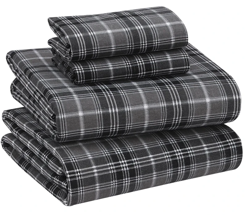 RUVANTI Flannel Sheets Queen Size - 100% Cotton Double Brushed Bed Sheets, Deep Pockets 16 Inches Queen Sheet Set, All Seasons Breathable & Extra Soft - Warm & Cozy, 4 Piece, Grey Plaid