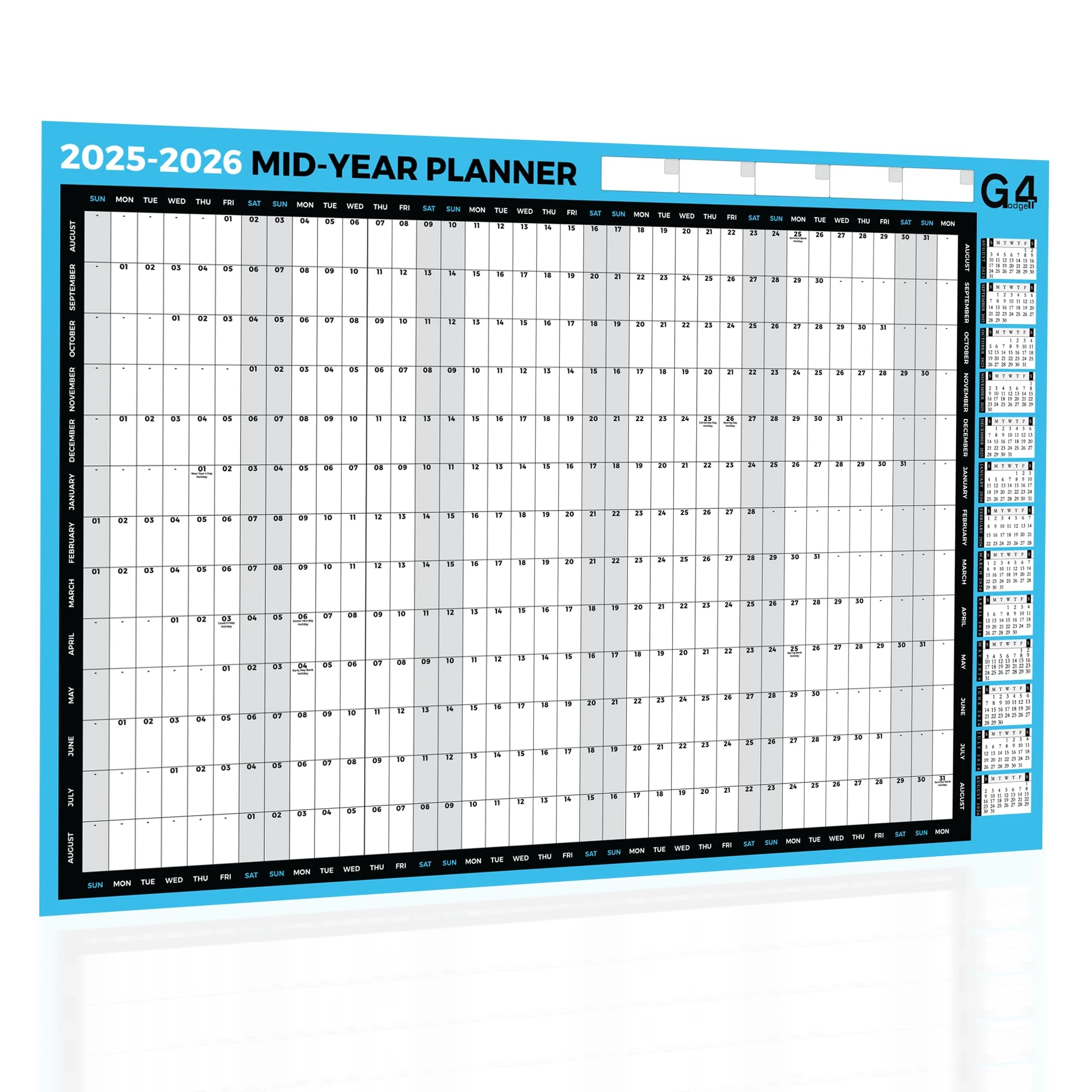 G4GADGET Laminated Academic Wall Planner 2025-2026 | A1 Reusable Mid-Year Planner Wall Calendar (85cm x 58cm) | Year at a Glance Wall Chart with UK Holidays | Great for School, Office & Home