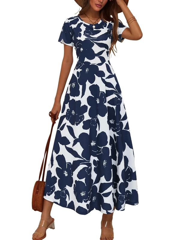 ZABERRY CARCHY Women's Short Sleeve Round Neck Casual Summer Flowy Maxi Dresses with Pockets - - X-Large