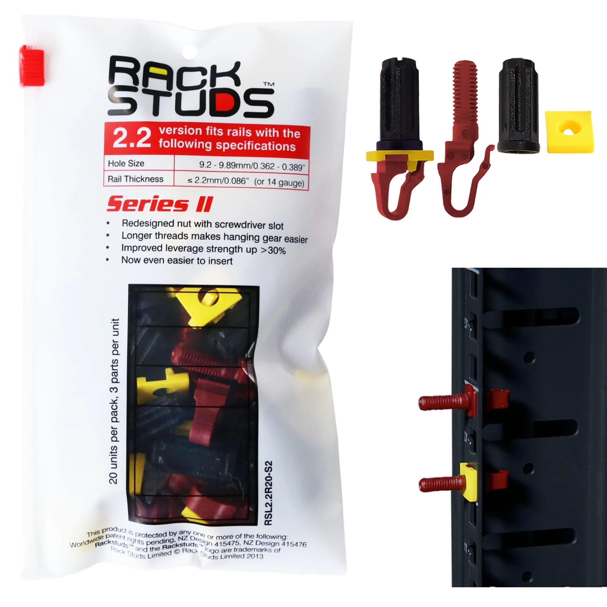 Rackstuds R20 Series II Rack Mount Screws - Server Rack Screws and Cage Nuts Replacement for Server Rack Rails 19" Square Punched Vertical Rail, Without Using Cage Nut tool - Red 2.22mm/0.086 20 Pack