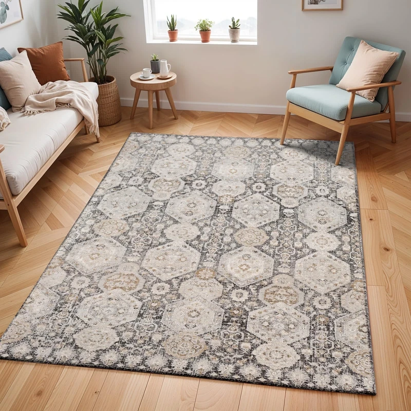 Livabliss Djelfa Vintage - Area s for Living Room 200x275 cm, Bedroom - Scandi Neutral, Traditional Patterned Boho Style, Natural Easy Care Pile - Large, Black and Grey