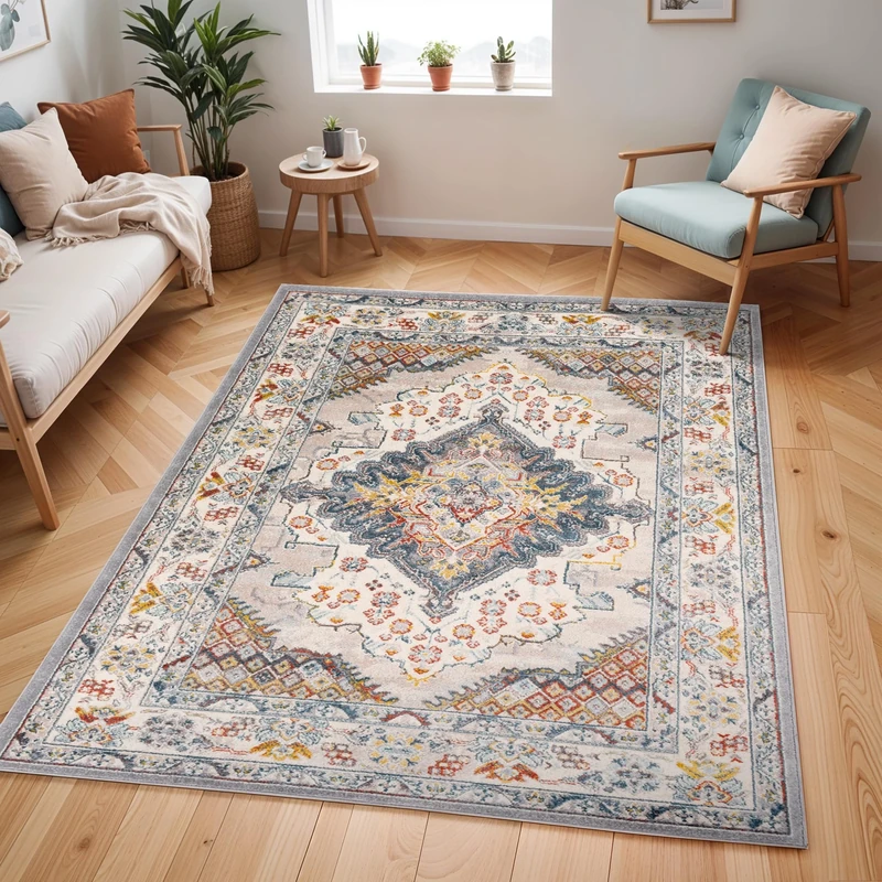Livabliss Casablanca Vintage Rug - Area Rugs Living Room 157x213 cm, Dining Floor, Kitchen, Traditional Multicoloured Boho Style, Easy Care Pile, Bohemian Large Rug, Taupe, Blue and Grey