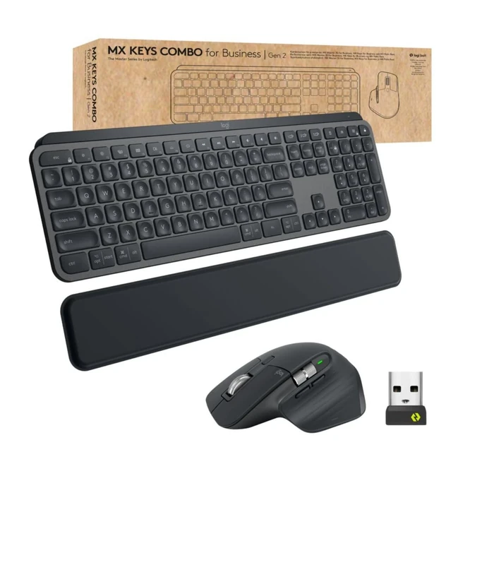 Logitech MX Keys Combo for Business | Gen 2, Full Size Wireless Keyboard and Wireless Mouse, with Keyboard Palm Rest, Bluetooth, Logi Bolt, Quiet Clicks, Windows/Mac/Chrome/Linux, QWERTY UK - Grey