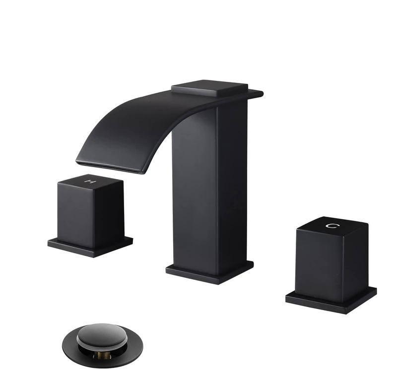 Brass Square Base Single Handle Bathroom Sink Faucets with Deck Plate for 3 to 1 Hole, Matte Black