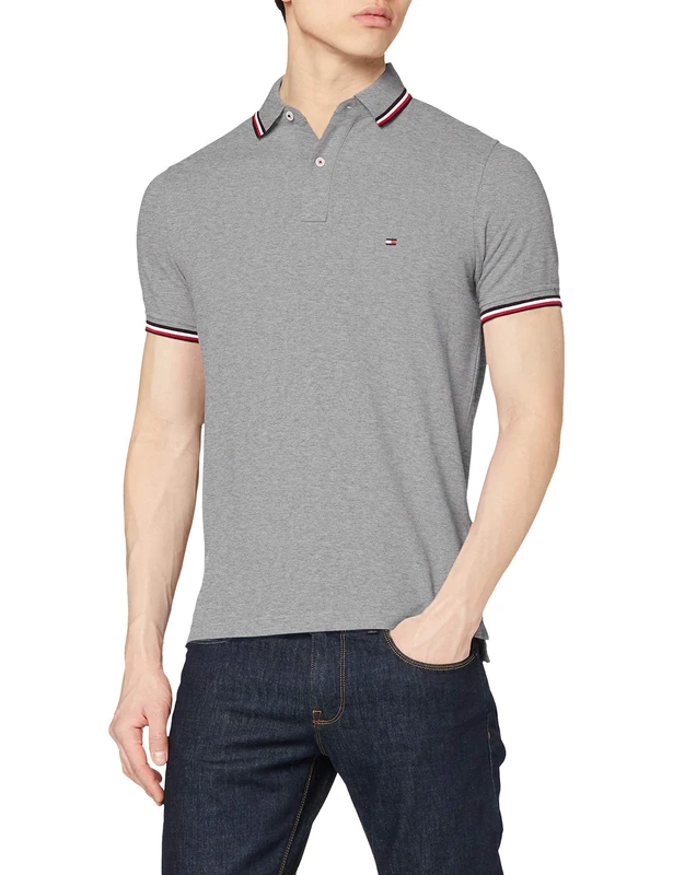 Tommy Hilfiger Men's Tommy Tipped Slim Polo Shirt, Medium Grey Heather, Large (Size:L)